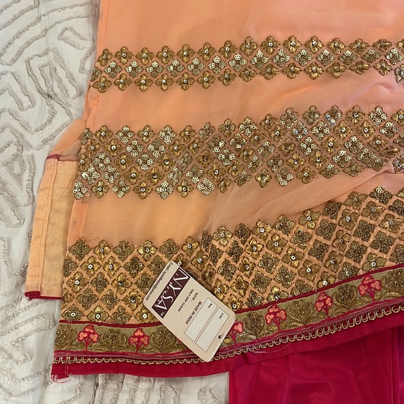 Indian Pakistani kurta suit set outfit pink gold tunic / dupatta / pants - Picture 4 of 8